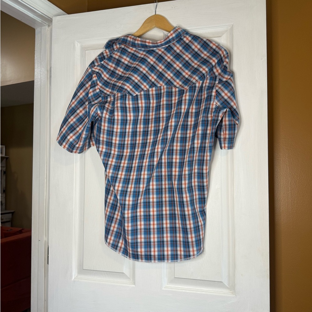 Wrangler Blue and Orange Dress Shirt Plaid Design